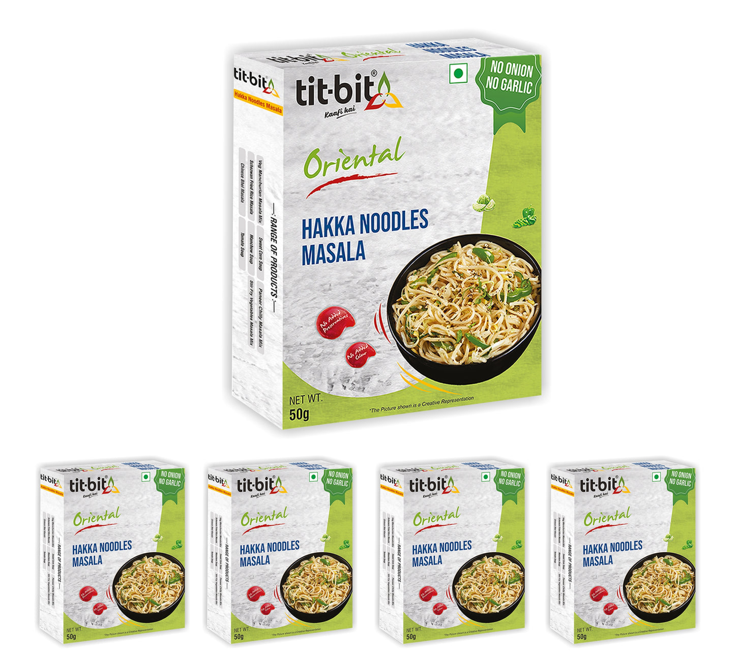 Tit-Bit Oriental-[No Onion No Garlic] Hakka Noodles Masala Mix Combo Pack of 5 [50 gms each-Total 250 gms]